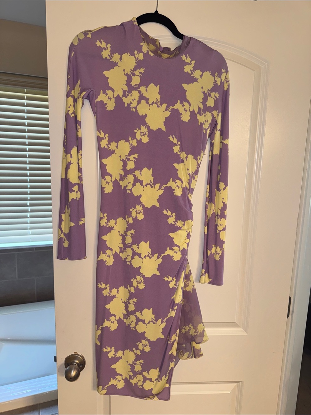 Versace Lavender Long-Sleeve Floral Wrap Dress with Yellow Print
